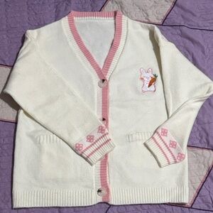 White Cardigan with Pink Trim and Bunny Patch